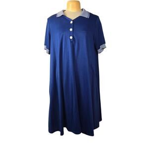 Vintage Roamans Womens 2X Dress Summer Shift Preppy Nautical Midi Blue‎ Lounge